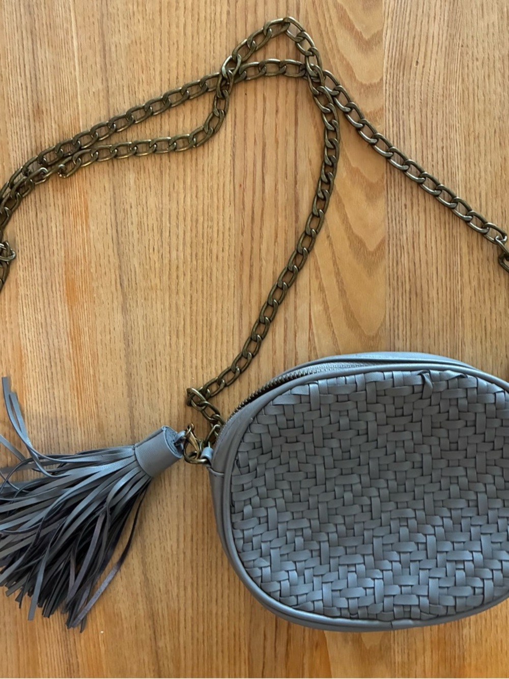 Anthropologie Gray Woven Round Crossbody with Tassel